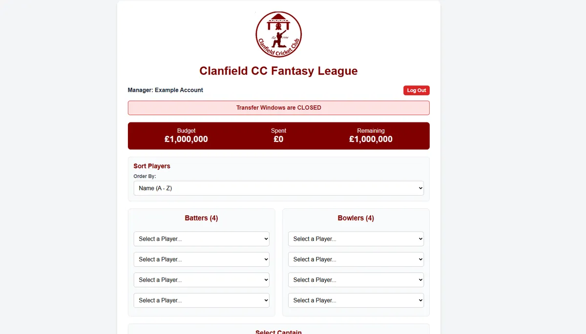 Clanfield CC Fantasy League: a budget bar and team selection for batters and bowlers