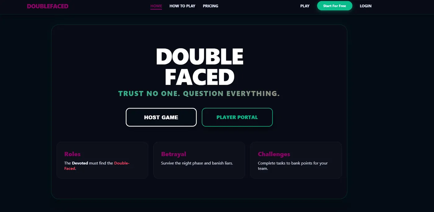 DoubleFaced: a dark game screen reading Trust no one. Question everything.