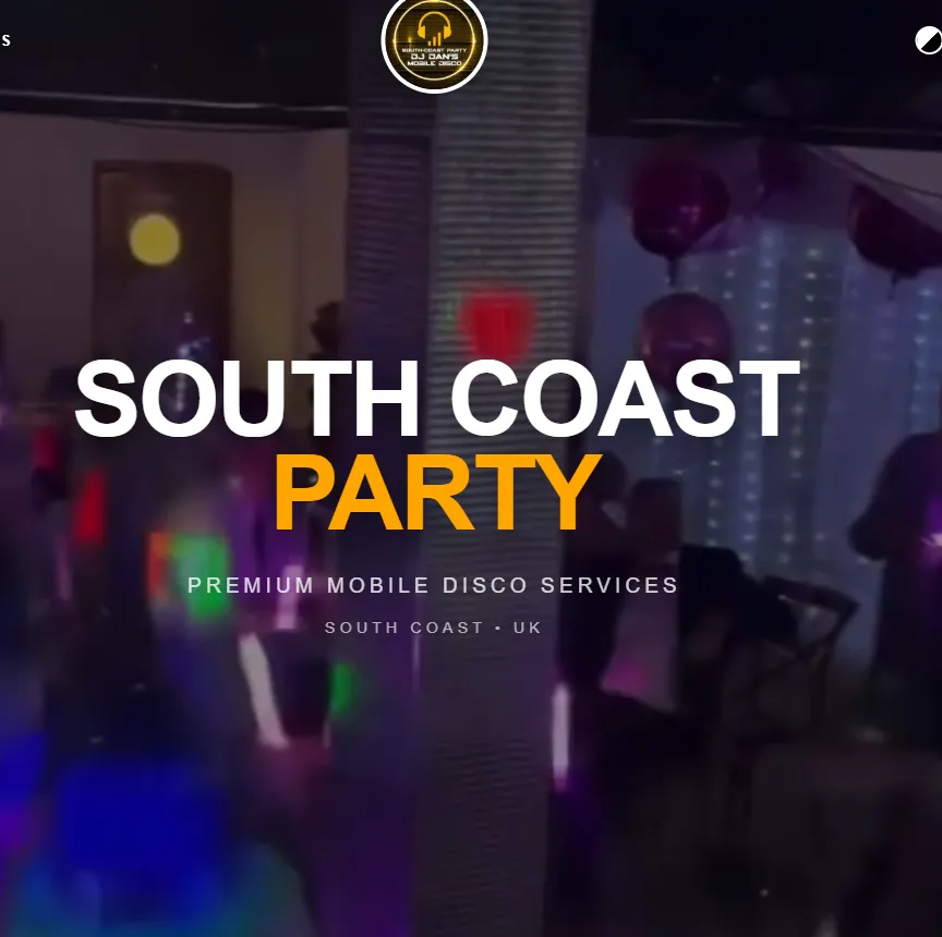 South Coast Party website hero: large white and orange lettering over a dark dance floor