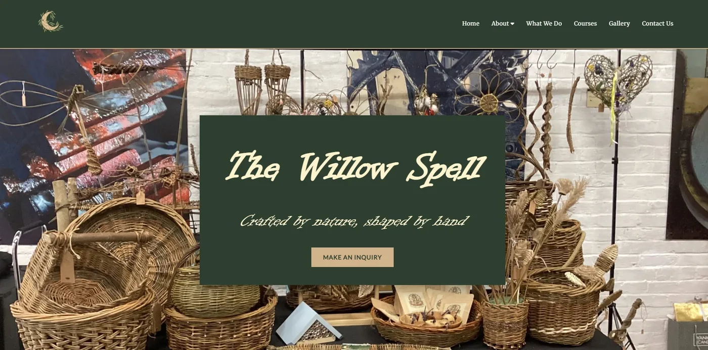 The Willow Spell website: a green sign reading Crafted by nature, shaped by hand, over a shelf of woven baskets